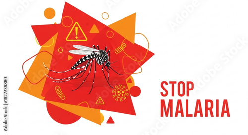 Vibrant red and orange graphic illustration of mosquito with stop malaria text for health awareness campaign