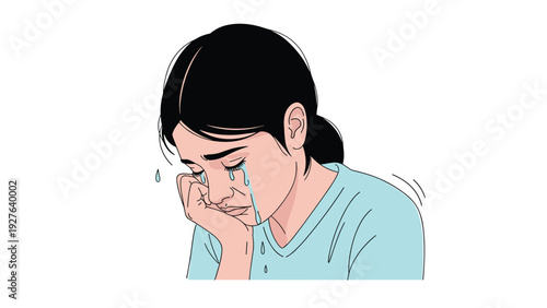 Sad young woman cries while resting her head on her hand showing deep emotional distress, grief, and mental health struggle in a simple style.