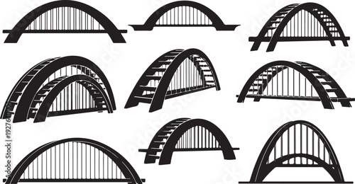 Collection of various bridge silhouettes in black and white