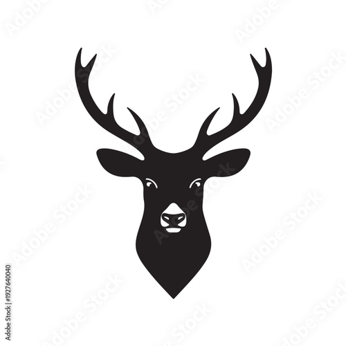 Black silhouette of a deer head with large antlers on white background.