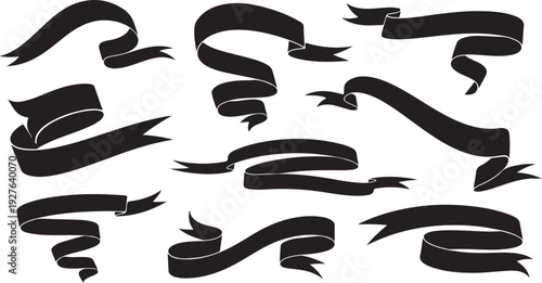 Collection of black ribbon banners and swirls on white