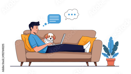 Young man relaxes on a comfortable brown sofa while working on his laptop computer with his pet dog sitting peacefully beside him at home.