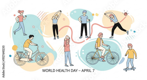 People engaging in various physical activities on world health day promoting wellness and fitness with cycling running and stretching exercises
