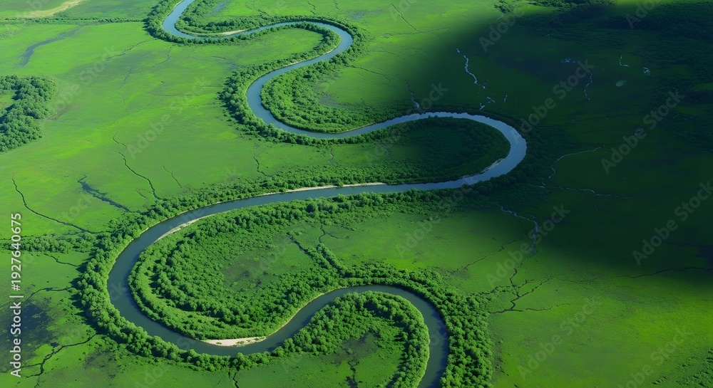 Fototapeta premium World environment day serpentine river winding through lush green landscape