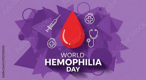 World hemophilia day awareness campaign with red blood drop and medical symbols on purple background