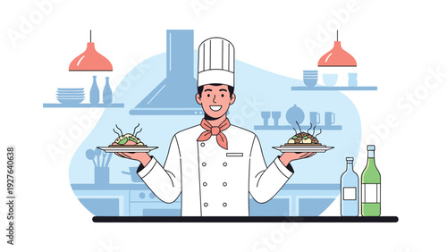 Happy male chef in a white uniform and hat presents two delicious plates of gourmet food in a clean and modern restaurant kitchen setting.