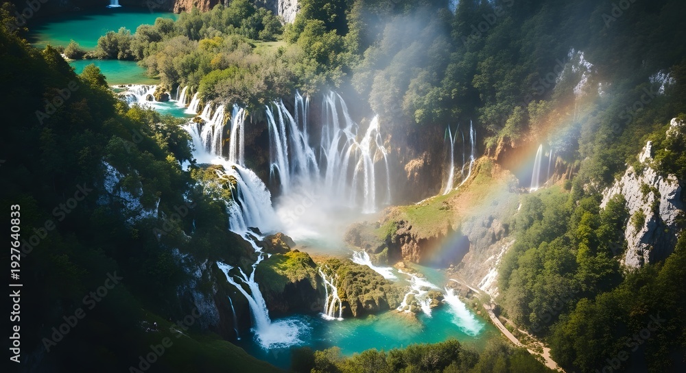 Fototapeta premium World environment day celebration with breathtaking waterfall and rainbow