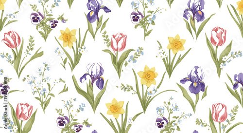 Seamless Spring Floral Pattern with Tulips Daffodils Irises and Pansies on White Background for Elegant Textiles Wallpapers and Seasonal Gift Wrap Designs