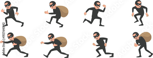 Cartoon thief character set showing sneaky burglar running with sack, masked robber in various action poses, crime concept vector illustration collection