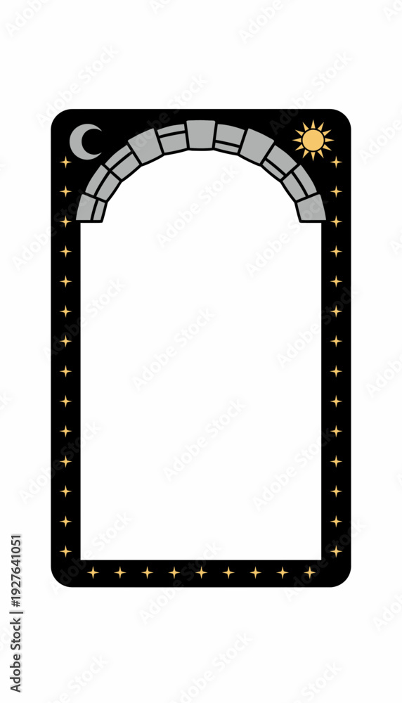 Obraz premium Mystical frame with ancient stone archway, celestial sun, moon, and stars for spiritual journey visuals