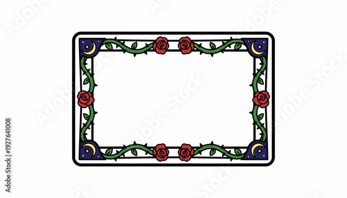 Stylized Ornate Rectangular Frame with Blooming Red Roses and Mystical Crescent Moon Accents