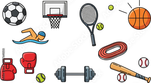 A diverse collection of sports equipment and activities, including soccer, basketball, swimming, tennis, boxing, weightlifting, running, and baseball.