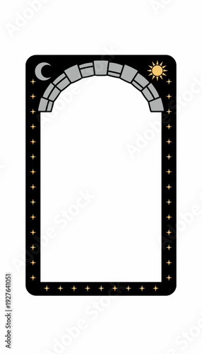 Mystical frame with ancient stone archway, celestial sun, moon, and stars for spiritual journey visuals
