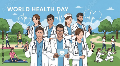 Diverse group of smiling medical professionals in white coats standing together on world health day in a park