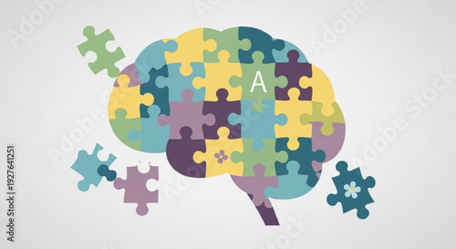 Brain puzzle pieces coming together to form a complete thought process with missing fragments on a light gray background