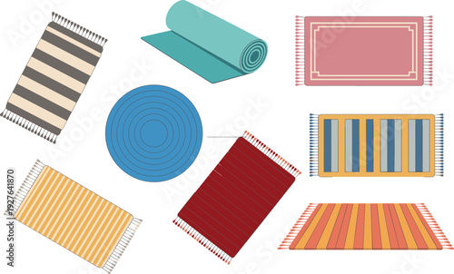 Colorful rug and mat collection set isolated on background, various textile carpets, yoga mat, round and striped rugs, home decor vector illustration