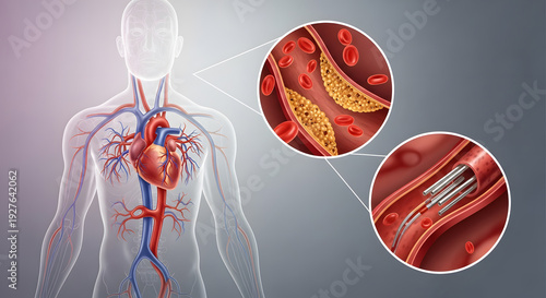 Detailed human circulatory system with magnified views of artery plaque and a stent procedure for health education