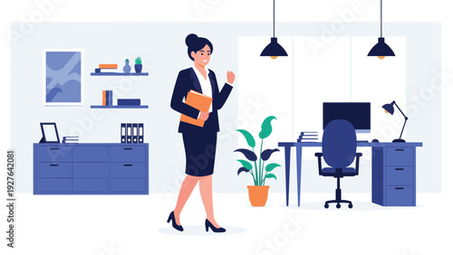 Successful businesswoman walks confidently through a modern office carrying a folder while smiling and looking forward towards her career goals.