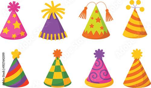 Colorful party hat vector set with festive patterns and decorations, birthday celebration cap illustration collection for kids events, carnival, festival, and party design