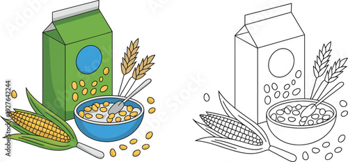 Cornflakes cereal breakfast illustration with milk carton bowl spoon wheat and corn cob healthy food concept colored and outline vector comparison