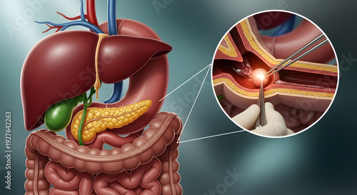 Detailed human digestive system illustration featuring liver, stomach, intestines, and gallstone removal surgery