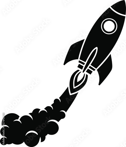 Black silhouette of a rocket ship blasting off with smoke trail