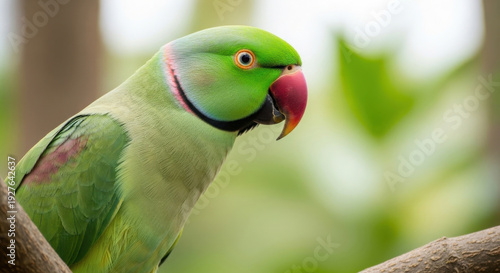 Vibrant green parrot perched on a natural branch with a striking red beak