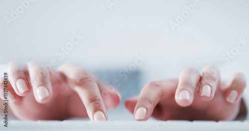 Quadro su tela Science, typing or hands in lab with computer, study recording or digital research for experiment