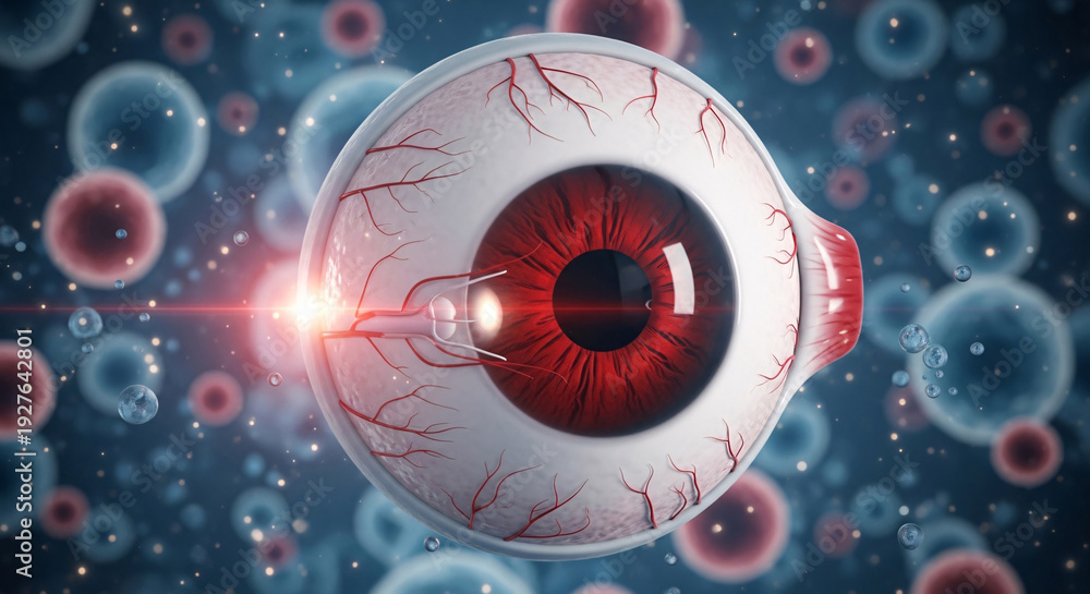 Obraz premium Detailed human eye with red iris and visible blood vessels on a microscopic cellular background