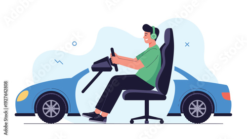 Young man with headphones uses a professional racing simulator setup to play a driving video game and practice his virtual drifting skills.