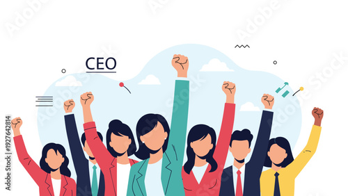 Group of diverse business professionals led by a female CEO raise their fists in the air to celebrate a major company victory and success.