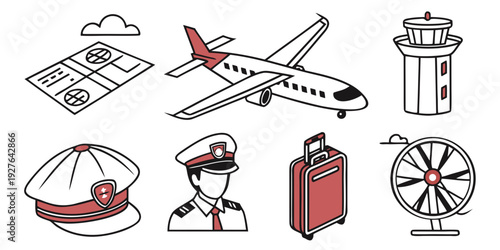 A diverse collection of objects including a plane, a hat, a bag, and more Vector