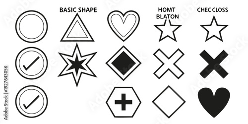 A collection of various shapes and symbols with check marks and crosses. Vector