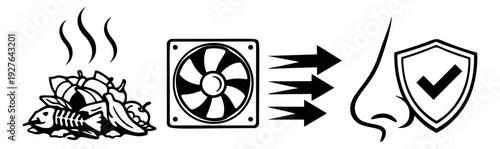 Line art illustration of an odor removal process depicting bad smells being eliminated for hygiene