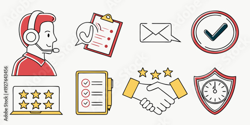 A collection of icons representing various aspects of work and productivity. Vector