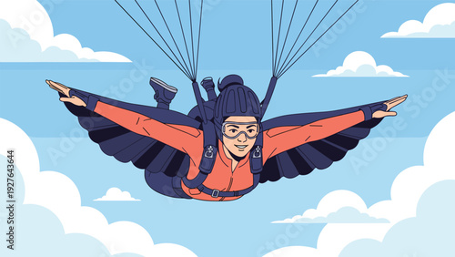 Brave female skydiver in a jumpsuit and goggles glides through the blue sky with her wingsuit wide open during an extreme sports adventure.