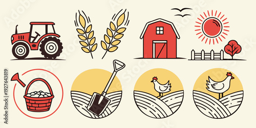 Colorful vintage toys and farm equipment illustrations on a white background Vector