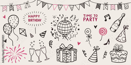 Hand drawn birthday illustration with festive elements and celebratory decorations