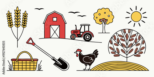 A vibrant farm scene featuring various animals and objects. Vector