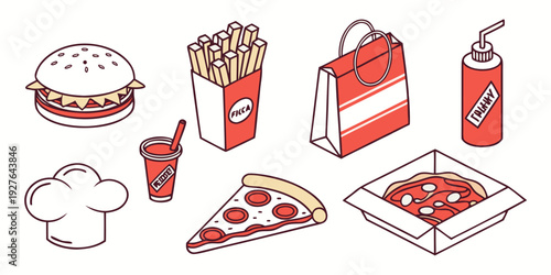 Assorted snacks and drinks on a table with a red and white theme Vector