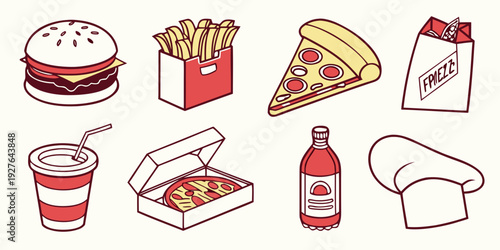 Assorted fast food items including soda, fries, pizza, and burger Vector