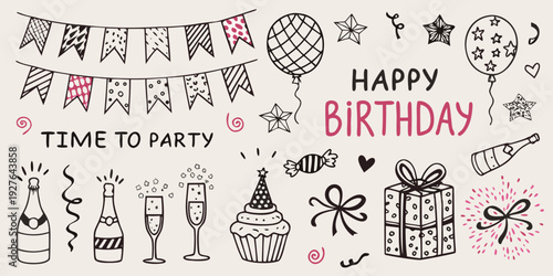 Hand drawn birthday illustration with balloons cake and party decorations