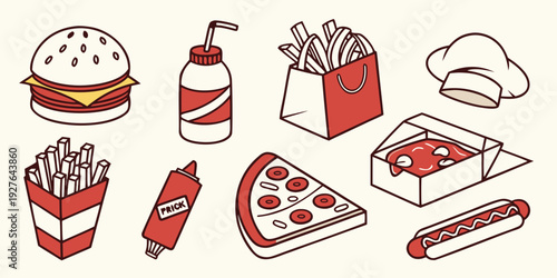 Assorted snacks including fries, hot dogs, and pizza slices Vector