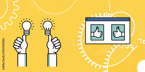 Hands holding lightbulbs and a screen displaying thumbs up symbols