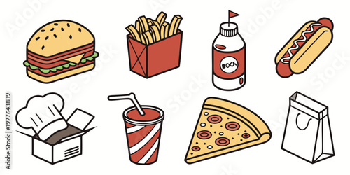 A delightful assortment of popular fast food items including pizza, fries, and a burger. Vector