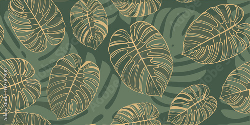 Golden monstera leaves pattern against a dark green background