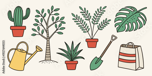 A vibrant garden scene featuring a variety of plants and gardening tools Vector