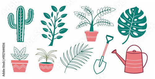A vibrant illustration of various indoor plants and gardening tools Vector