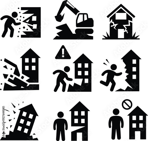 Earthquake disaster icon collection with building collapse, evacuation, warning symbols and demolition equipment, black silhouette vector illustration isolated on background for safety design