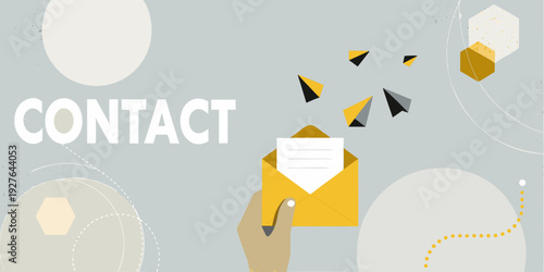 Contact message concept with envelope hand and geometric shapes